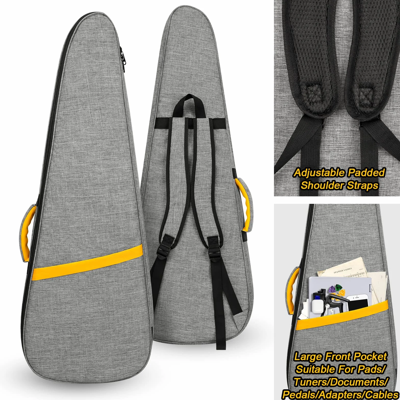 LETSROCK Funda para Guitarra eléctrica de 39 Pulgadas, Acolchado Grueso con Correa para el Cuello, Correa Ajustable para el Hombro, Impermeable, Forma de Rayo Amarillo y Bolsa Negra para Guitarra