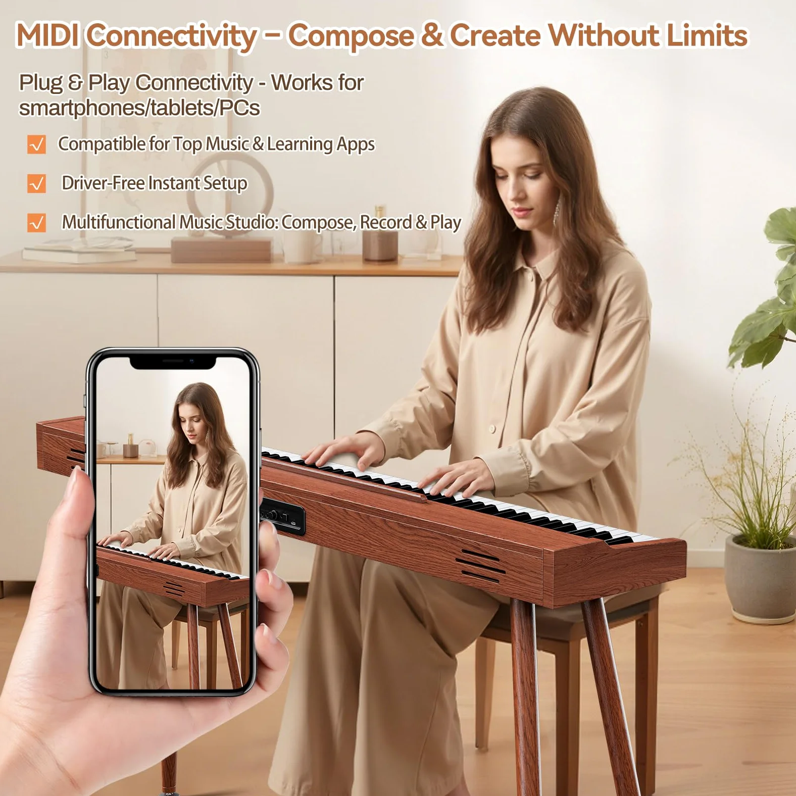TERENCE P10 Teclado de Piano 88 Teclas Sensibles para Principiantes y Estudiantes | Sistema Triple Pedal, Altavoces 20W Estéreo, Conexión Doble Auriculares, Portátil para Hogar y Estudio