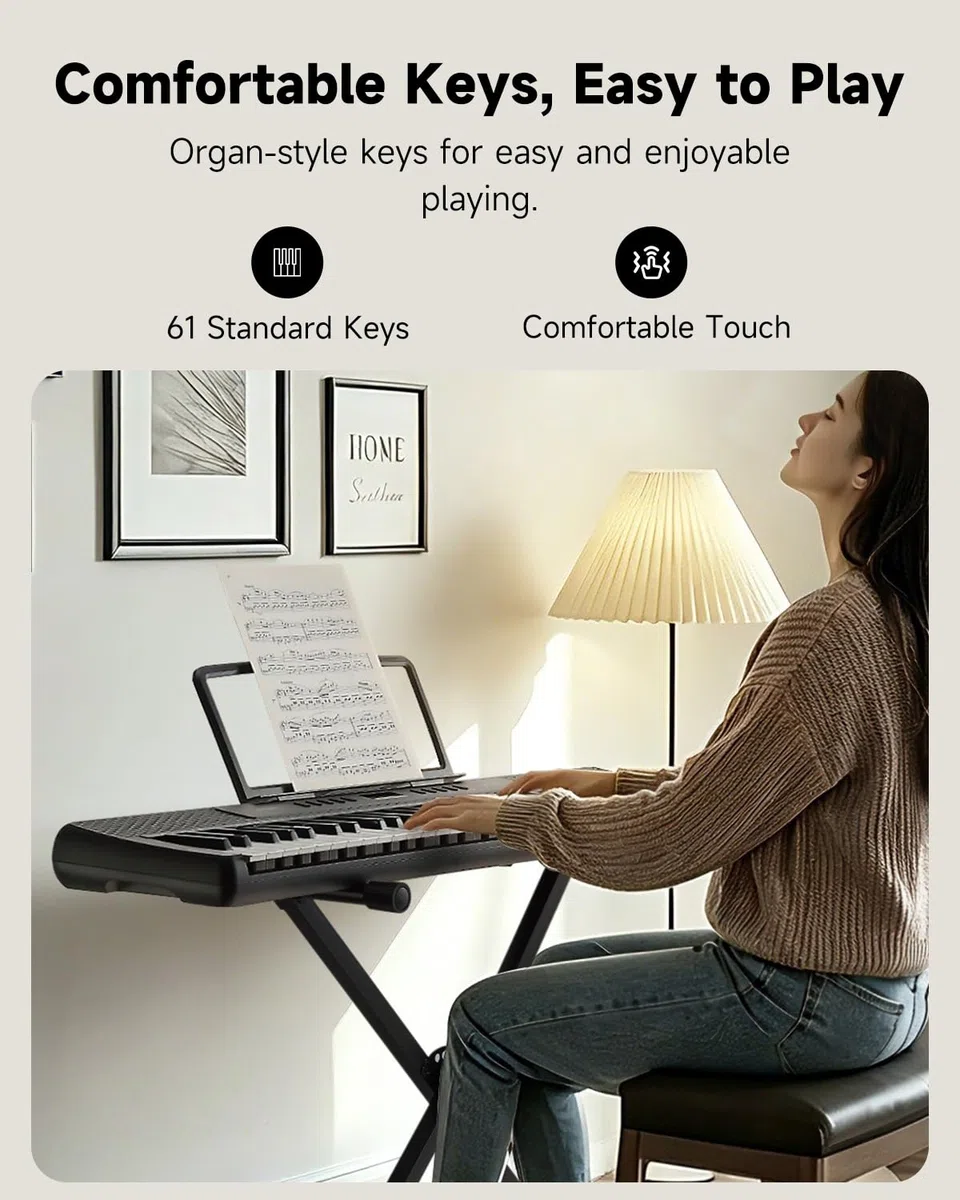 Donner Piano de teclado de 61 teclas, paquete de teclado eléctrico portátil, piano digital para principiantes con USB MIDI, altavoces integrados, auriculares, soporte X, bolsa de transporte, 300 tonos