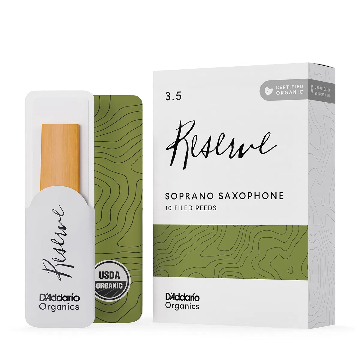 D'Addario Orgánico Reserve Soprano Cañas para Saxofón - Cañas de Saxo - La Primera y única Caña Ecológica - 3.5 Fuerza, 10 Paquete
