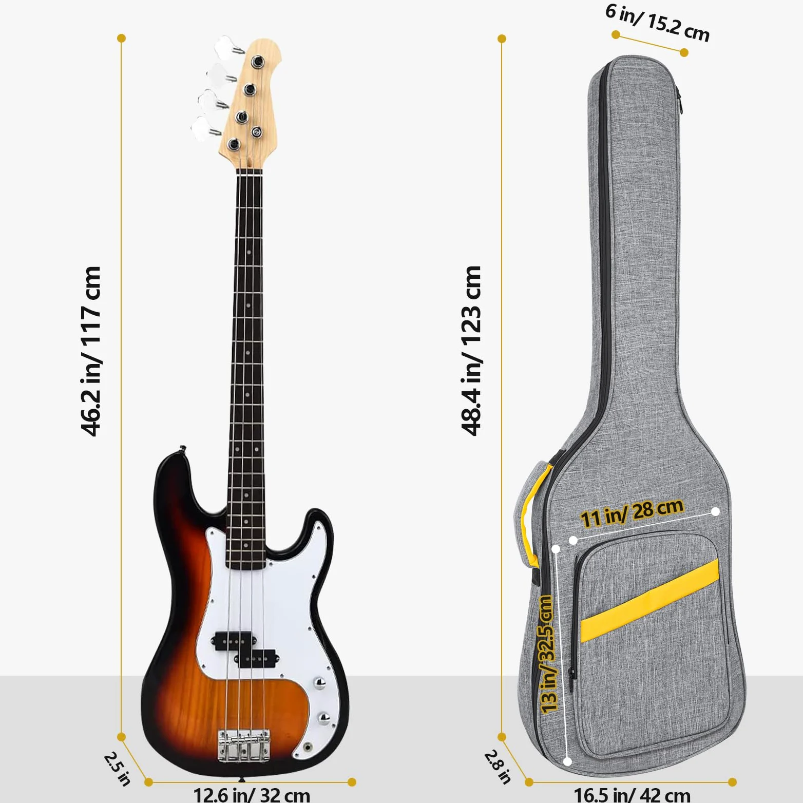 Bolsa para bajo, 7 mm Padding Bass Guitar Gig Bag Funda blanda acolchada para bajo eléctrico Bolsa para bajos acolchado Funda impermeable para bajo eléctrico, gris, /