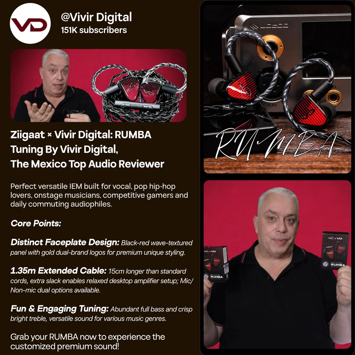 Linsoul ZiiGaat x Vivir Digital Rumba – IEM Driver Grafeno 10mm, Auriculares HiFi con Subgraves, Cable Extraíble 2 Pines para Audiófilos, Gaming y Música (3,5mm Sin Mic)