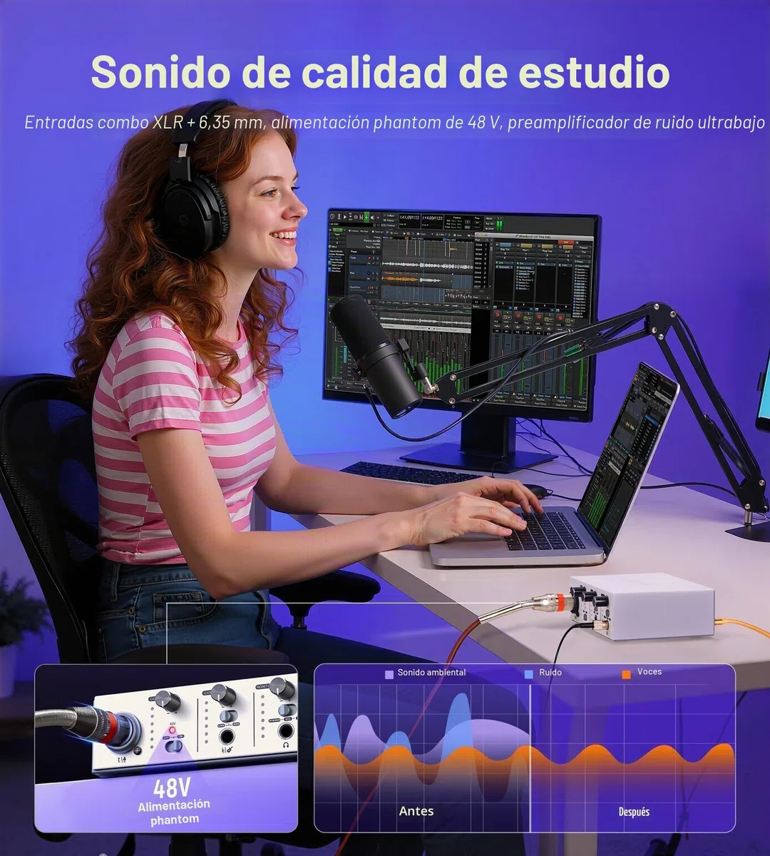Synido Interfaz de audio USB C para grabación de música, streaming, podcasting con XLR, entrada de línea, 24 bits/48 kHz, alimentación fantasma de 48 V, 2 canales, color plateado