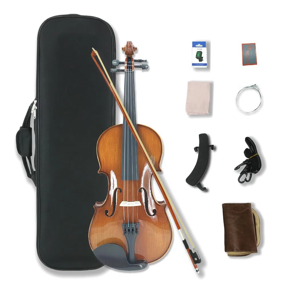 Yinfente Kit de violín de 4 cuerdas, 4/4 3/4 1/2 arce de flamenca sólido con accesorios de ébano, estuche, arco, afinador, paño de limpieza, cuerda extra, soporte para hombro hecho a mano para
