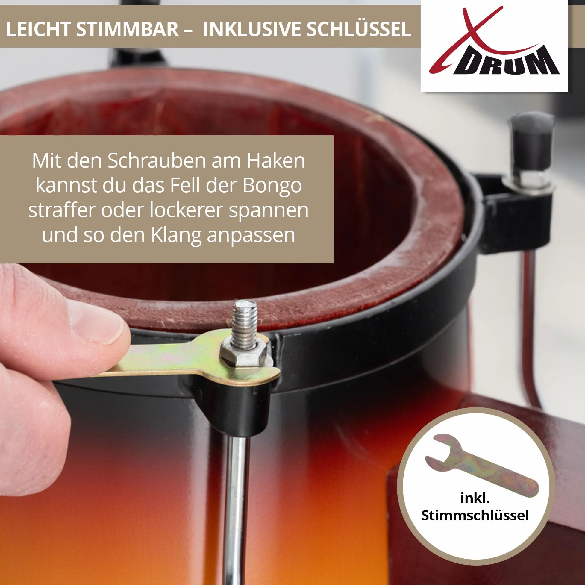 XDrum PERC Bongos Club Burdeos - 2 tambores de 6" y 7" - Bongos con parches naturales afinables y llave de afinación - Tambores de madera Vintage Sunburst