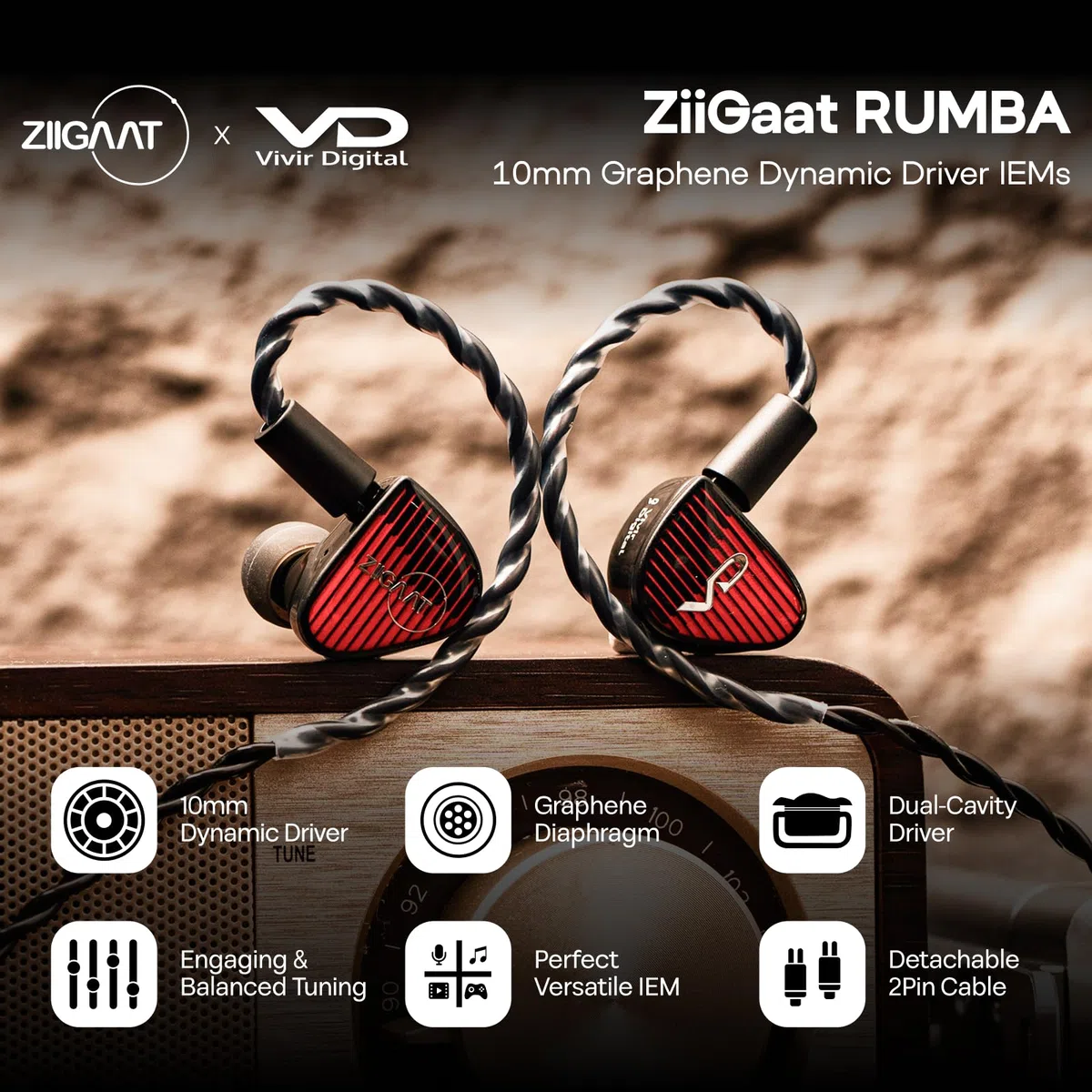 Linsoul ZiiGaat x Vivir Digital Rumba – IEM Driver Grafeno 10mm, Auriculares HiFi con Subgraves, Cable Extraíble 2 Pines para Audiófilos, Gaming y Música (3,5mm Sin Mic)