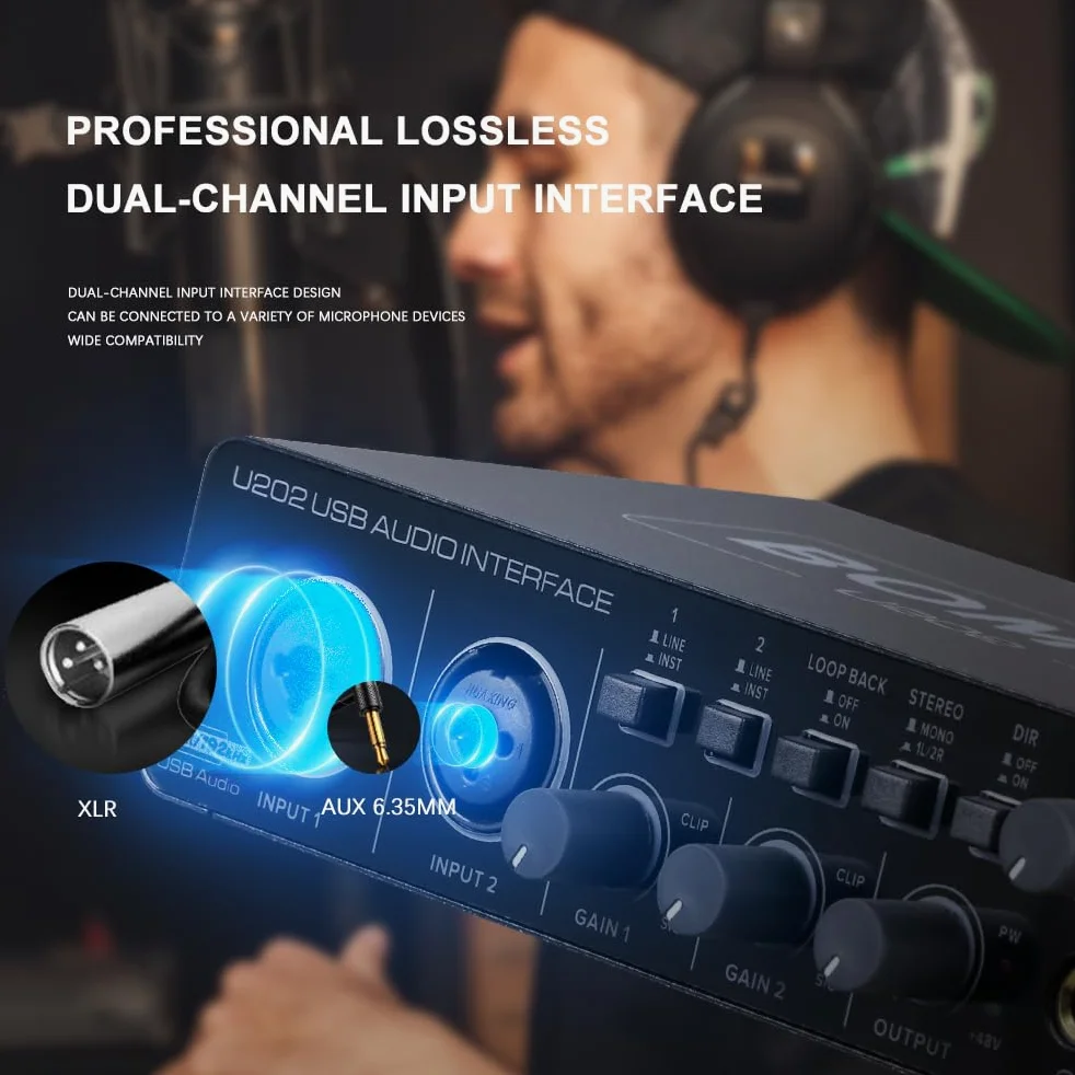 BOMGE U202 Interfaz de audio USB con preamplificador de micrófono XLR/TSR/TS, 48V, resolución de 32 bits/192kHz para grabación en computadora, streaming, podcasting