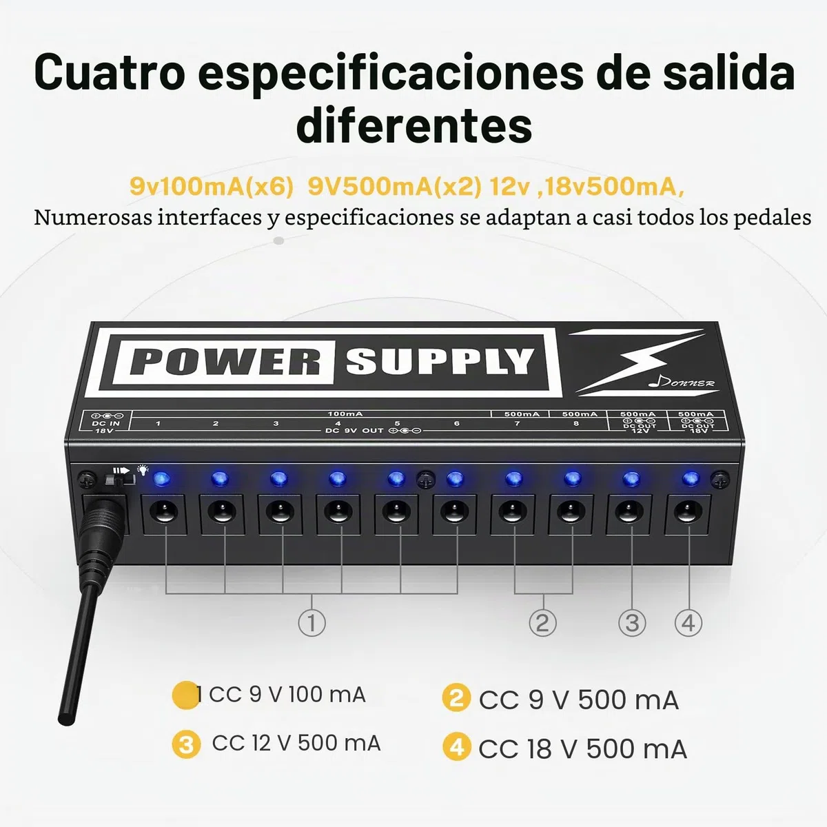 Donner DP-2 Fuente de Alimentación para Pedal de Efectos para Guitarra Portable, con Adaptador y Cables de Alimentación, Versión Avanzada