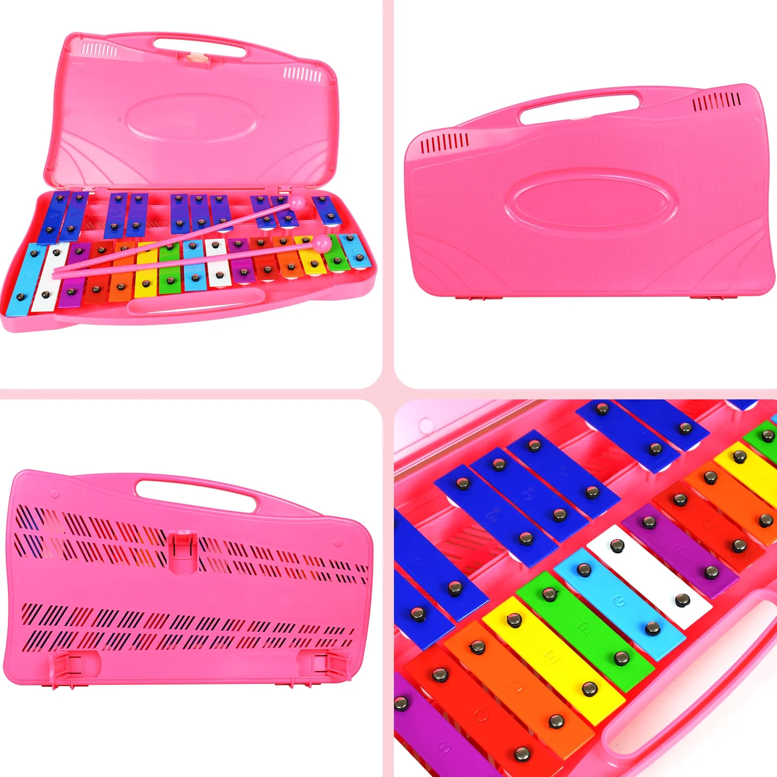 Glockenspiel - Xilófono - 25 notas coloridas teclas metálicas con mazos, instrumento musical de percusión, enseñanza de música educativa para principiantes, rosa