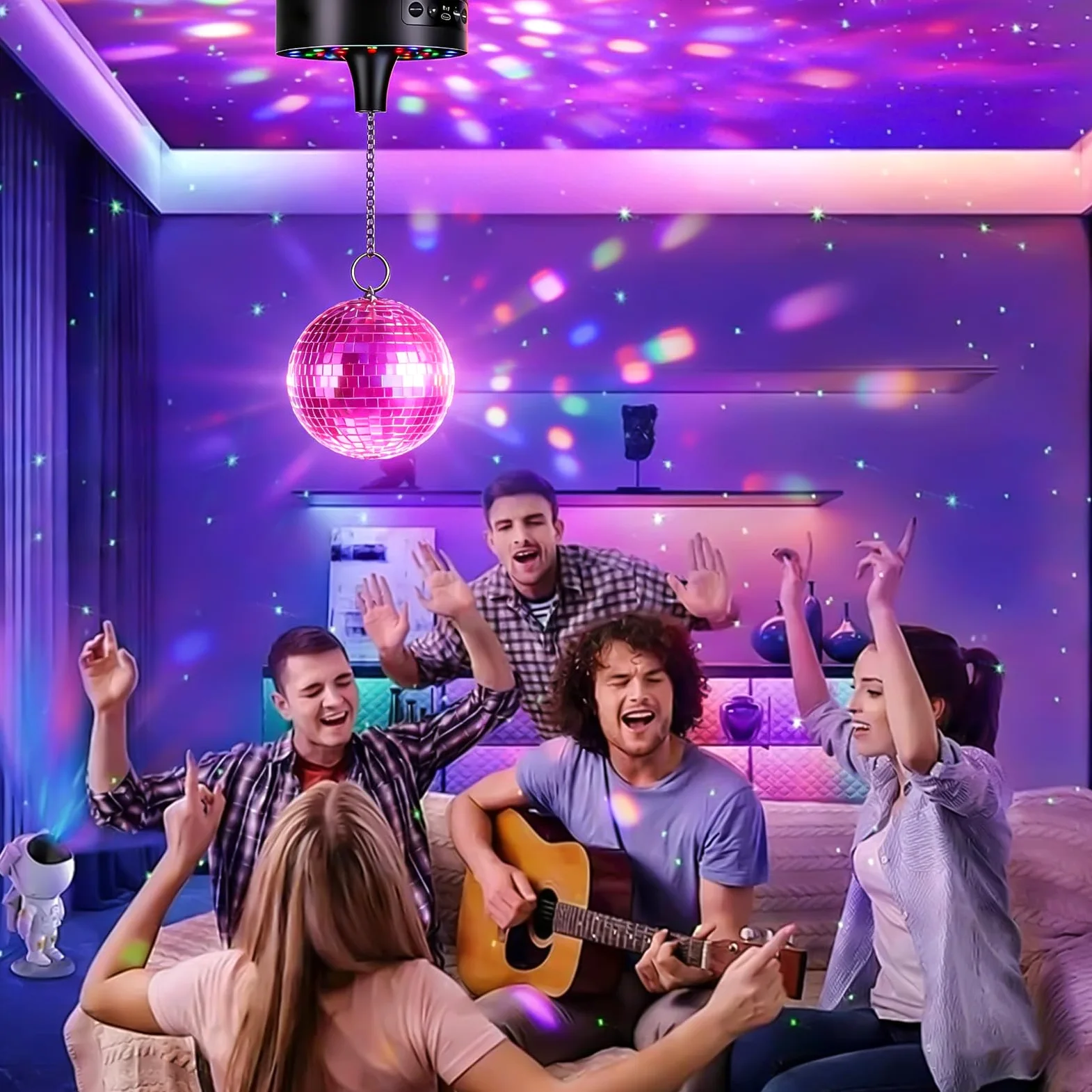 Motor de bola de discoteca con luz LED, motor giratorio de espejo con control remoto, luz de discoteca de 30 perlas LED, velocidad ajustable, accionamiento silencioso para bola de discoteca