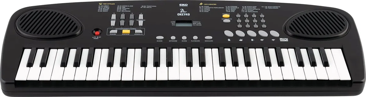 EKO Keyboards Okey - Teclado digital portátil de 49 teclas, 49 teclas, 49 teclas, mini 4 octavas, 129 sonidos, 100 estilos, compacto y ligero, ideal para la escuela secundaria, incluye estuche