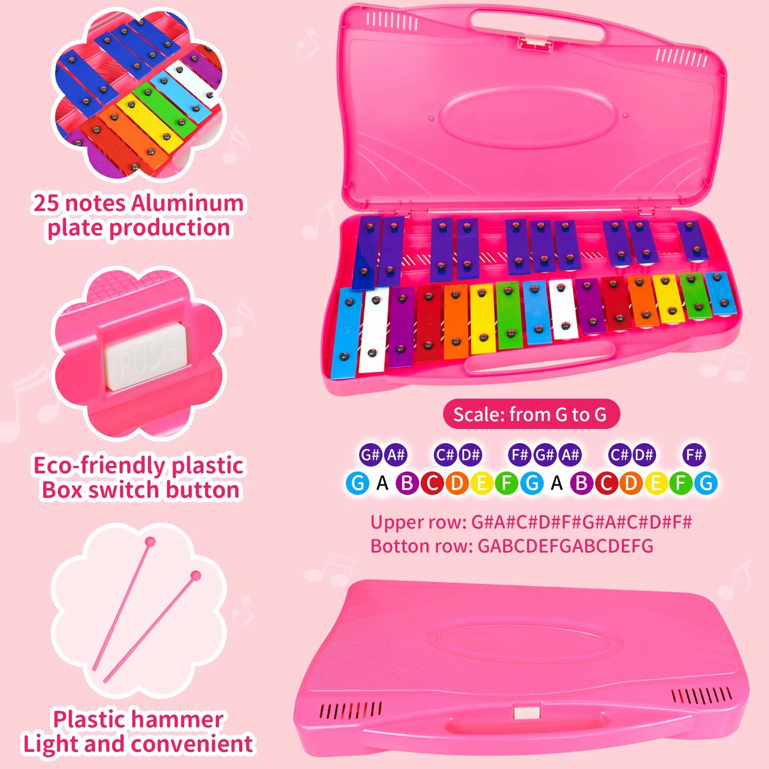 Glockenspiel - Xilófono - 25 notas coloridas teclas metálicas con mazos, instrumento musical de percusión, enseñanza de música educativa para principiantes, rosa