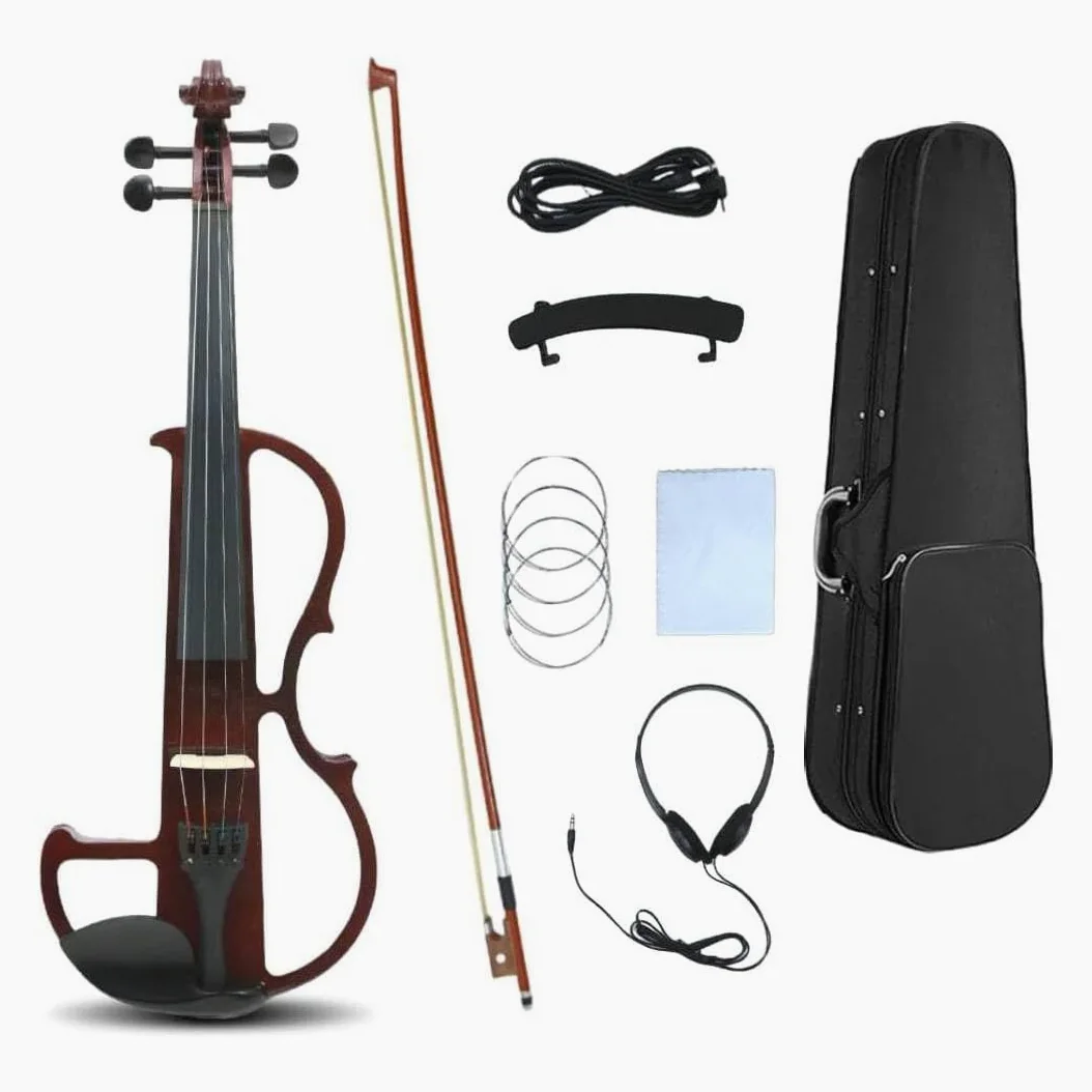 Violín eléctrico silencioso 4/4 tamaño completo violín eléctrico silencioso cuerpo de madera maciza accesorios de ébano con funda, arco, auriculares, cable, cuerdas para estudiantes,