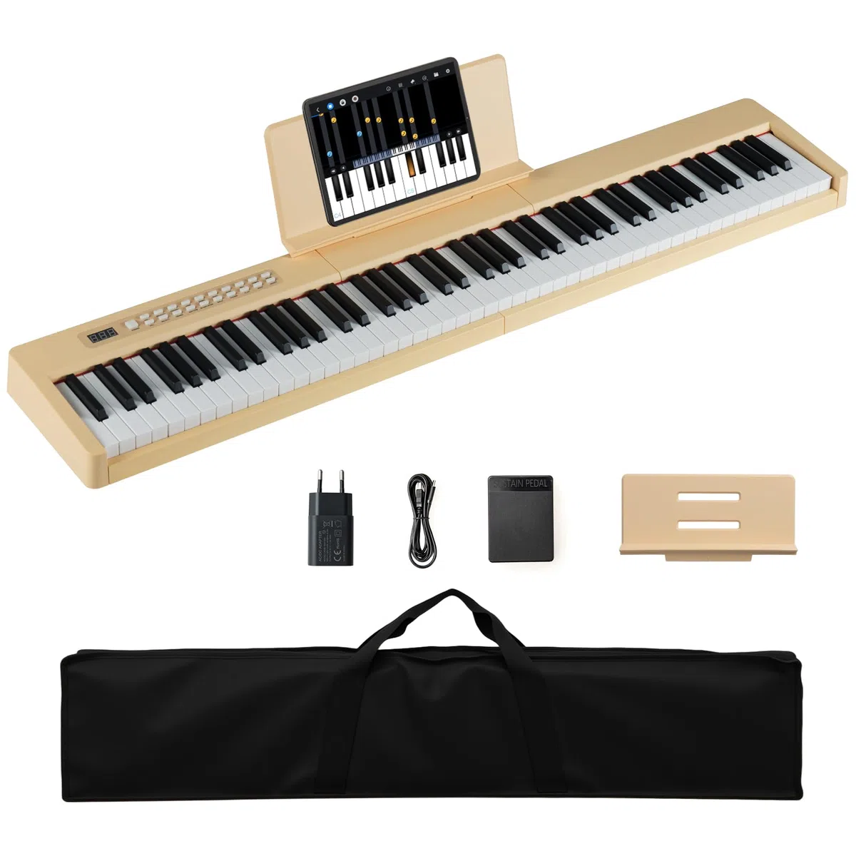 COSTWAY Teclado Plegable de 88 Teclas, Piano Eléctrico Portátil Sensible a la Velocidad, Piano Digital de Tamaño Completo, MIDI, Pedal de Sostenido, Soporte para Música y Bolsa de Transporte (Natural)