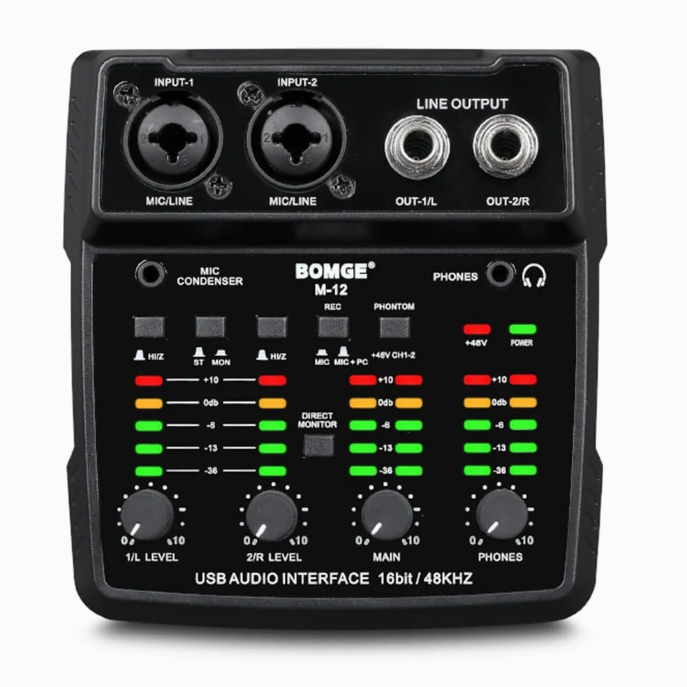 BOMGE Interfaz de audio USB M12, mezclador de 2 canales, entrada XLR/3.5 mm, fuente de alimentación de 48 V, tarjeta de sonido para grabación de PC, estudio, espectáculo en vivo, karaoke, Plug & Play
