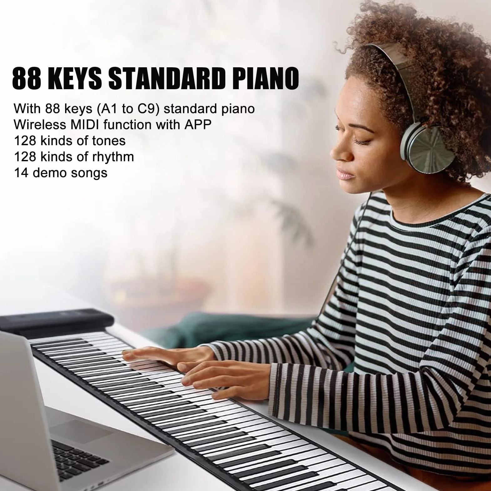 Teclado de Piano Enrollable de 88 Teclas, 28 Tonos, 128 Ritmos, 14 Canciones de Demostración, Función Bluetooth MIDI, Pantalla de Tubo Digital LED, Piano Eléctrico Portátil Plegable para(Negro)