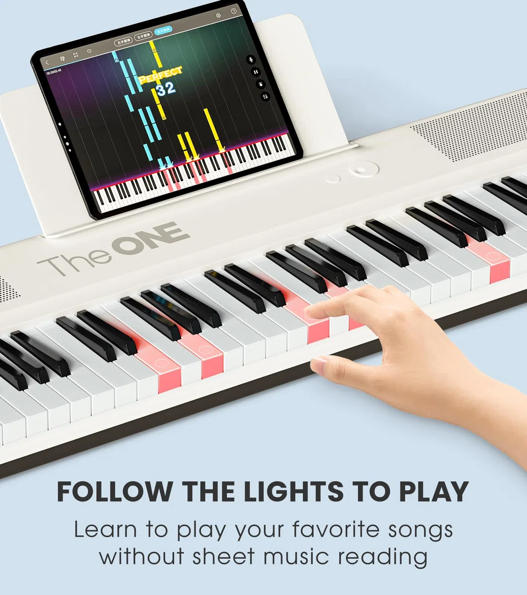 ONE COLOR 61 - Teclado inteligente con teclas iluminadas, piano eléctrico para principiantes con 256 tonos, 64 polifonía, led integradas y aplicaciones, compatible con USB MIDI/auriculares (blanco)