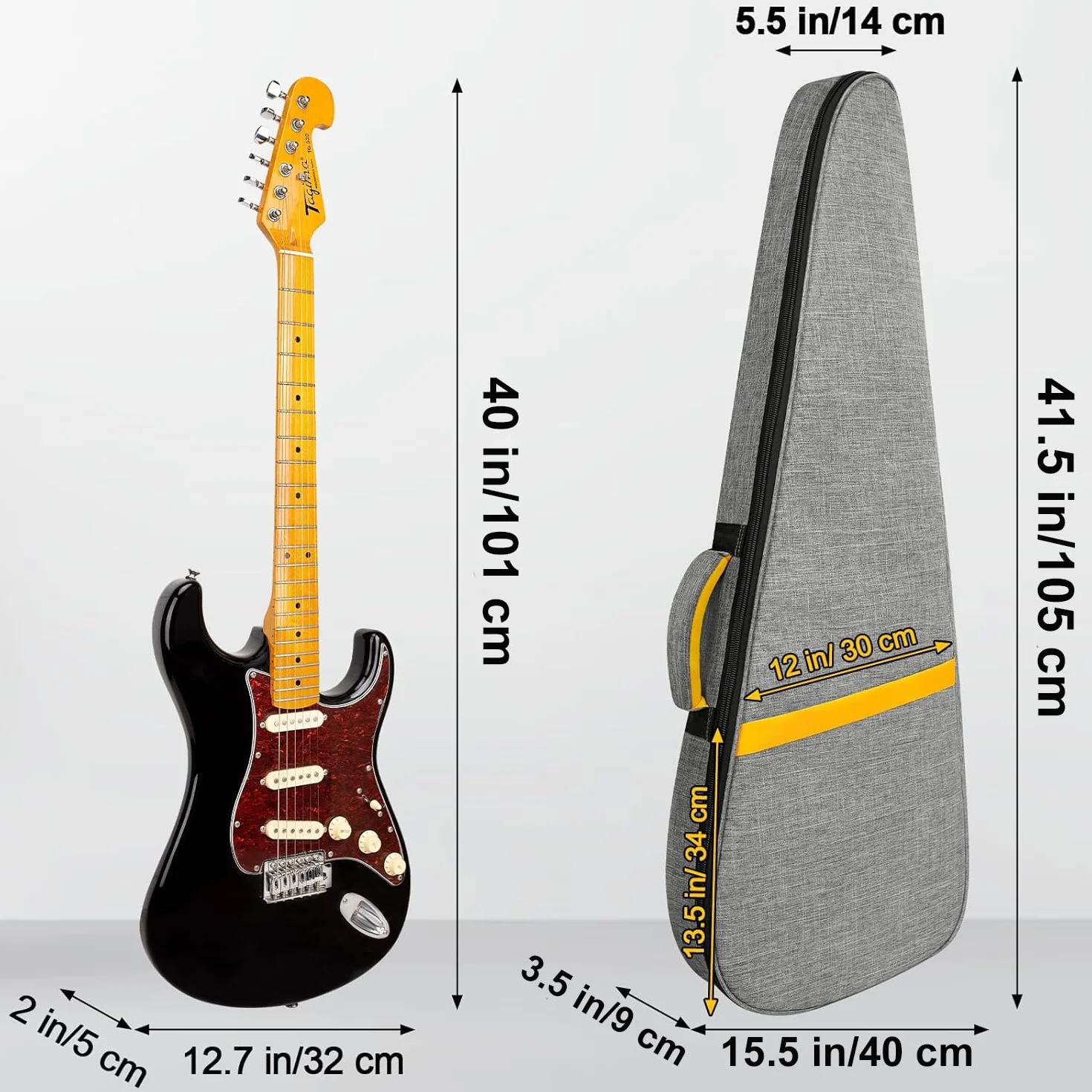 LETSROCK Funda para Guitarra eléctrica de 39 Pulgadas, Acolchado Grueso con Correa para el Cuello, Correa Ajustable para el Hombro, Impermeable, Forma de Rayo Amarillo y Bolsa Negra para Guitarra