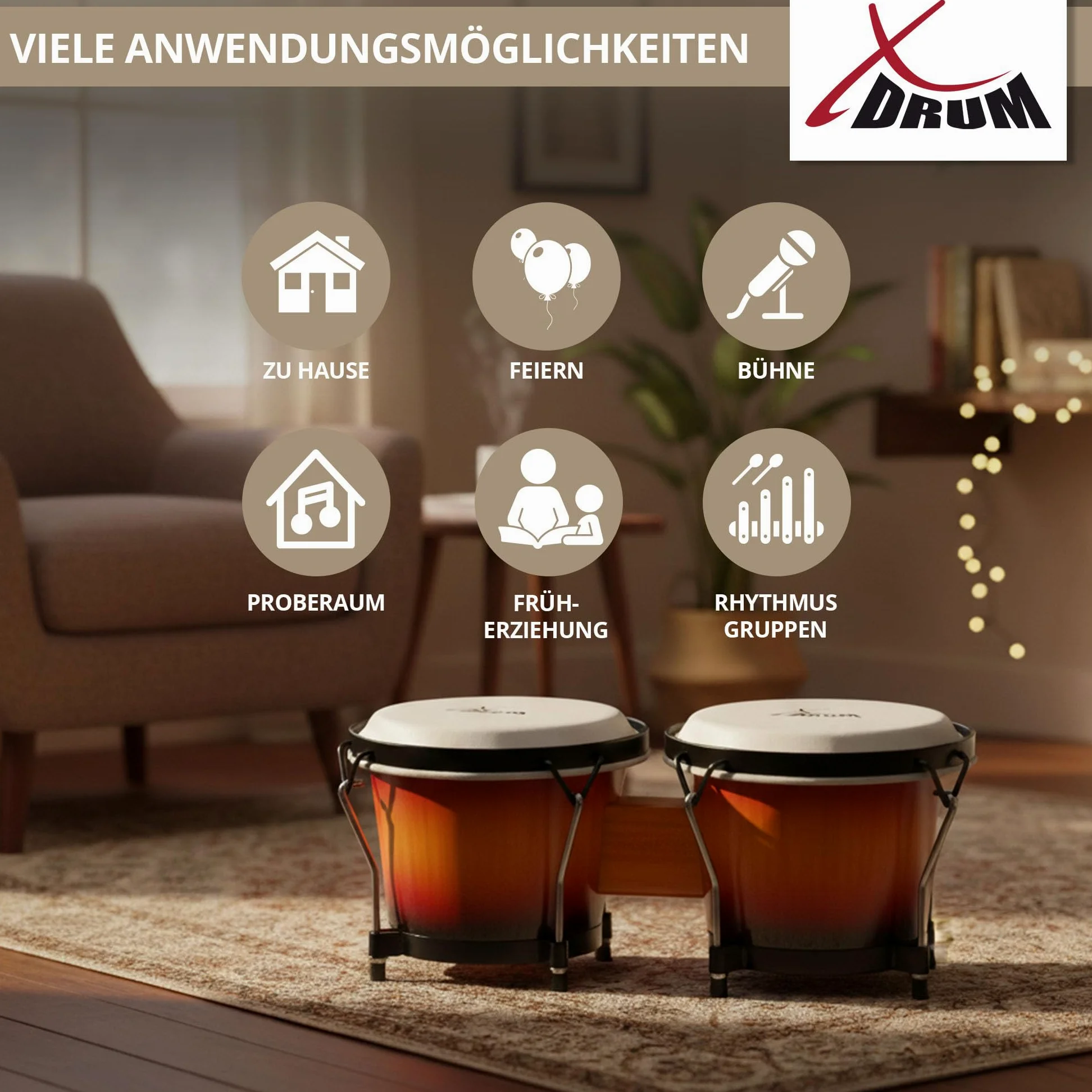 XDrum PERC Bongos Club Burdeos - 2 tambores de 6" y 7" - Bongos con parches naturales afinables y llave de afinación - Tambores de madera Vintage Sunburst