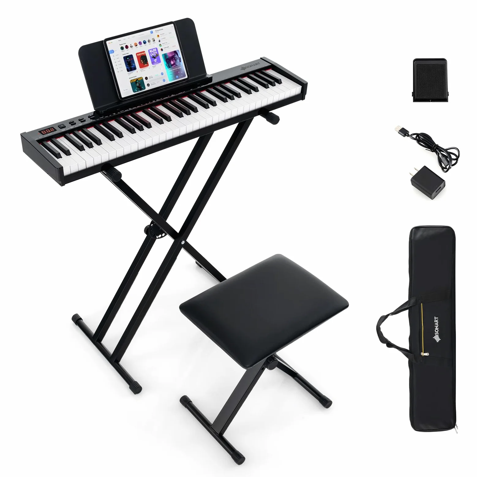 GOPLUS Teclado de Piano Eléctrico de 61 Teclas, Piano Digital con Soporte Ajustable y Taburete Teclas Semi-Pesadas, Función MIDI Audio Inalámbrica, Atril, Pedal de Sustain, Bolsa Portátil, Negro