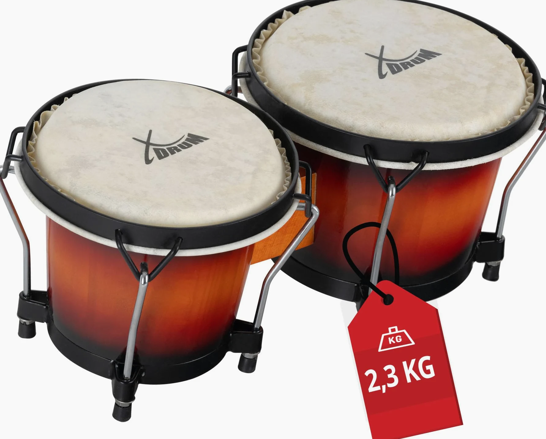 XDrum PERC Bongos Club Burdeos - 2 tambores de 6" y 7" - Bongos con parches naturales afinables y llave de afinación - Tambores de madera Vintage Sunburst