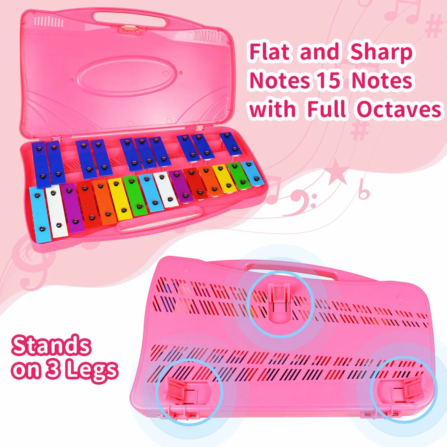Glockenspiel - Xilófono - 25 notas coloridas teclas metálicas con mazos, instrumento musical de percusión, enseñanza de música educativa para principiantes, rosa