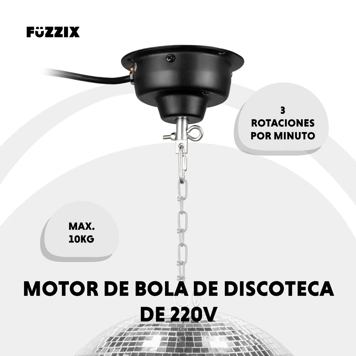 Fuzzix MBM400 Motor para Bola de Discoteca, Motor con Cable para Bola de Espejos, 3 rpm, Motor Giratorio para Bolas de Discoteca, Montaje en techo. Accesorios para fiestas y Bolas de Discoteca.