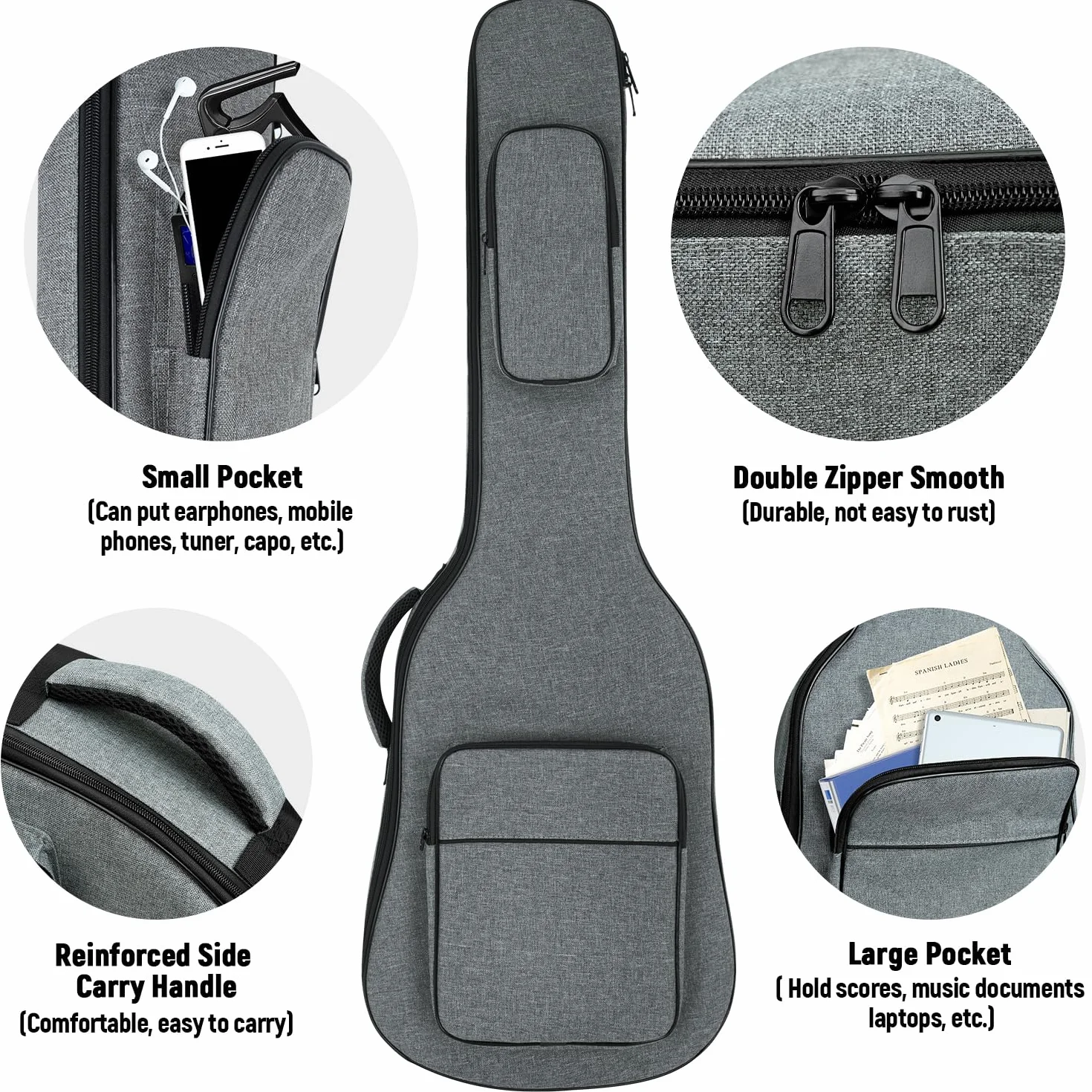 Bolsa de guitarra eléctrica, 39 40 pulgadas, bolsa de guitarra eléctrica, funda acolchada de 0.4 pulgadas de grosor, resistente al agua con dos bolsillos, almohadilla protectora para el cuello, gris