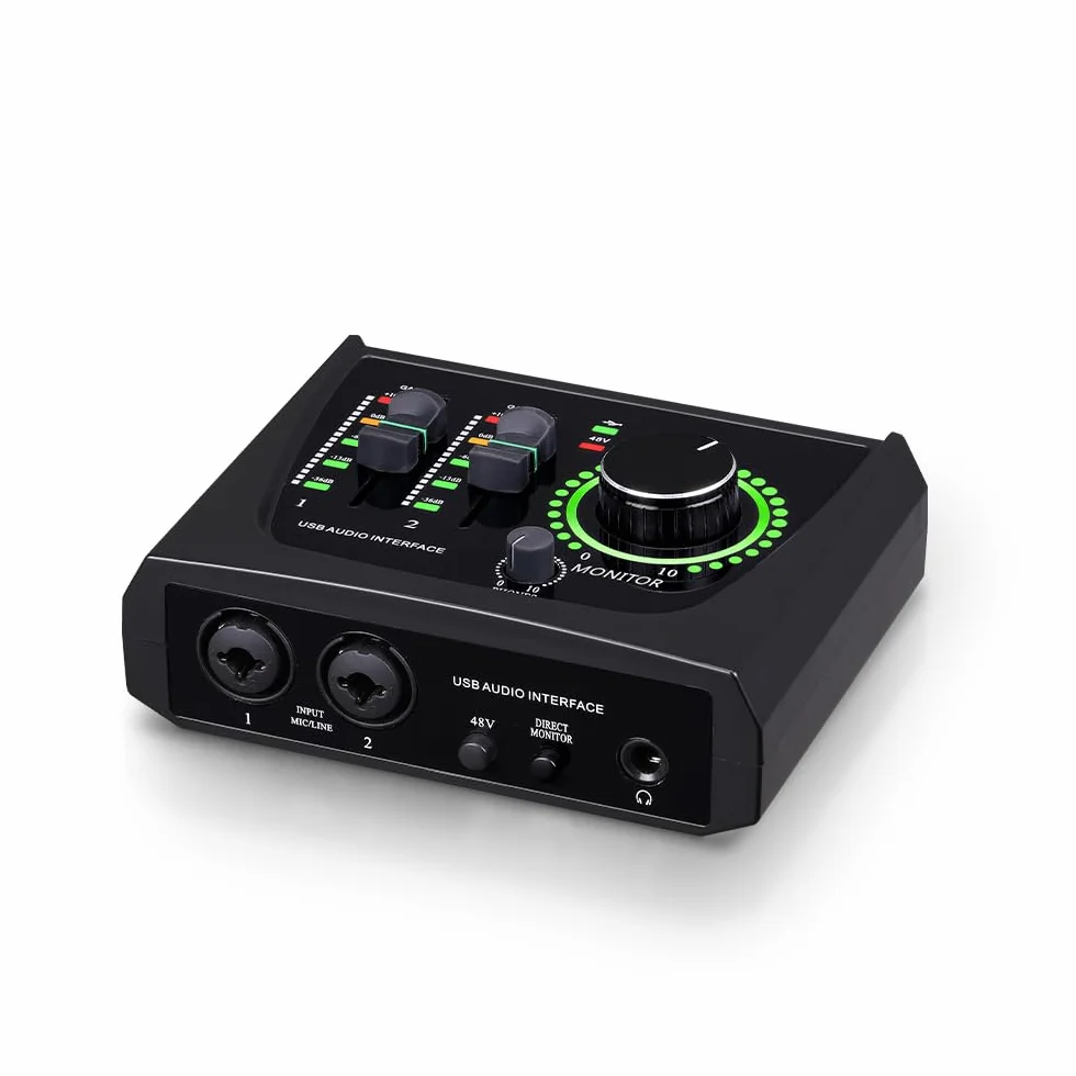 BOMGE Mini interfaz de audio USB de 2 canales para grabación, transmisión y podcasting, con alimentación fantasma XLR/48V, audio de calidad de estudio para guitarrista, vocalista,