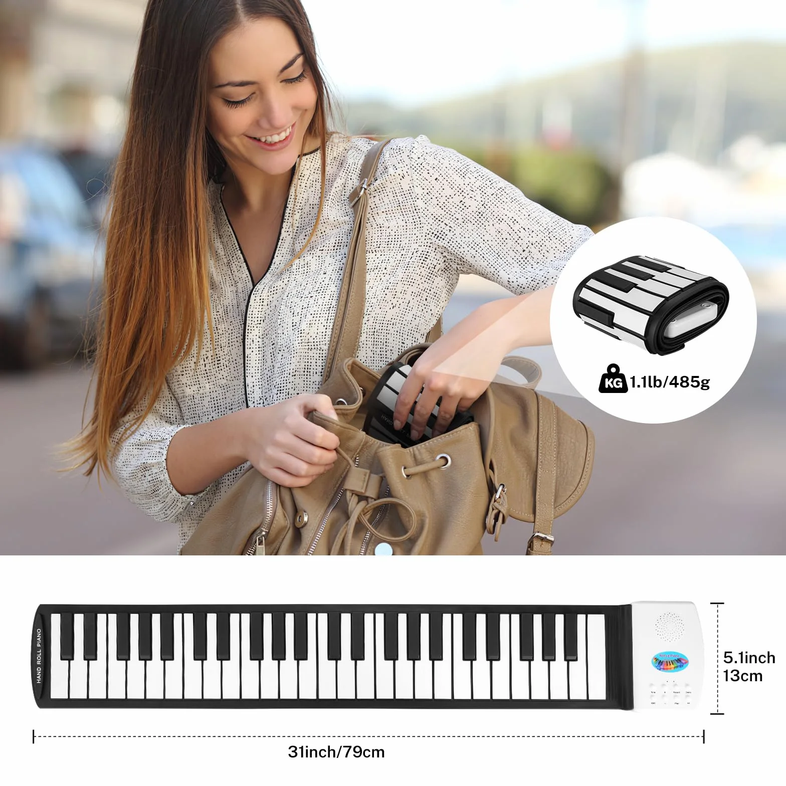 POGOLAB Teclado eléctrico plegable de 49 teclas, portátil, digital, plegable, recargable, 47 tonos, 14 canciones de demostración educativa, regalo para principiantes (blanco y negro)
