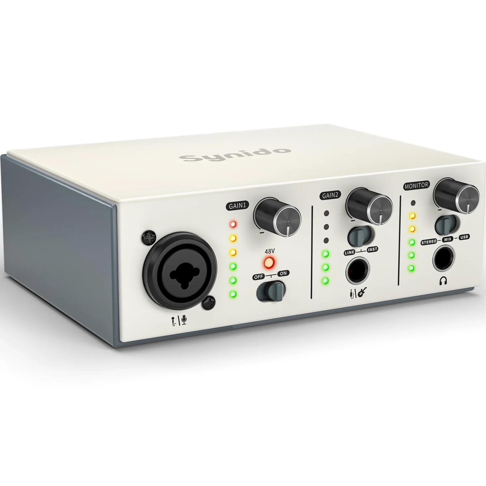 Synido Interfaz de audio USB C para grabación de música, streaming, podcasting con XLR, entrada de línea, 24 bits/48 kHz, alimentación fantasma de 48 V, 2 canales, color plateado