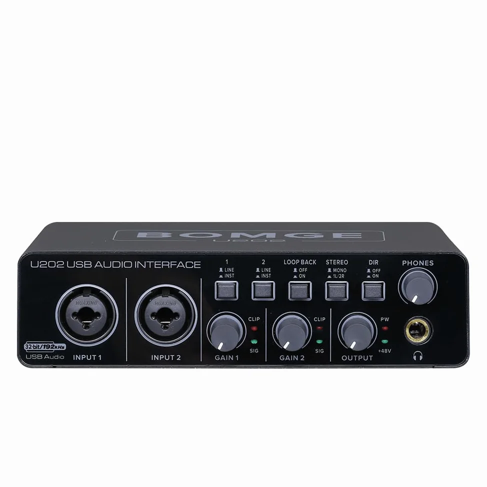 BOMGE U202 Interfaz de audio USB con preamplificador de micrófono XLR/TSR/TS, 48V, resolución de 32 bits/192kHz para grabación en computadora, streaming, podcasting
