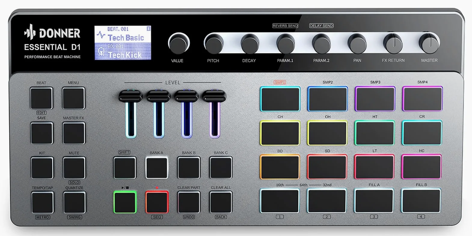 Donner Essential D1 Finger Drum Machine & Step Sequence Combined, Boast Color-Coded UI, 12 Tracks Sample, 16 RGB Beat Pads, 64 Preset Beat Patterns, 5 Endless Encoders, Reverb & Delay Effects