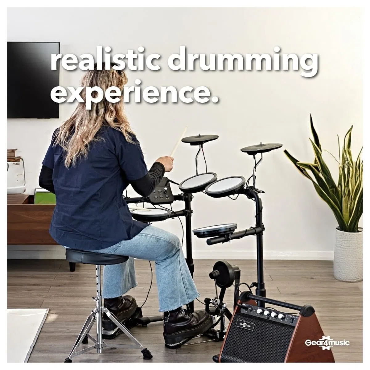 VISIONDRUM+ Batería Electrónica 8 Pads en Malla, Hi-Hat, Kick y Ampli | Kit de Batería Eléctrica Adultos y Niños, Altura Regulable, Diseño Plegable, Ampli, Auriculares, Taburete y Baquetas
