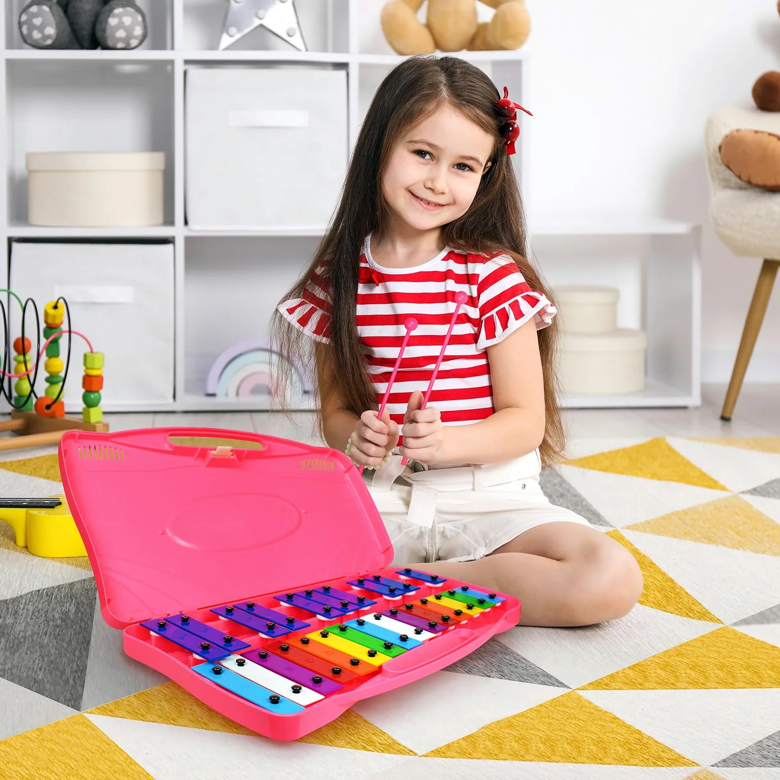 Glockenspiel - Xilófono - 25 notas coloridas teclas metálicas con mazos, instrumento musical de percusión, enseñanza de música educativa para principiantes, rosa