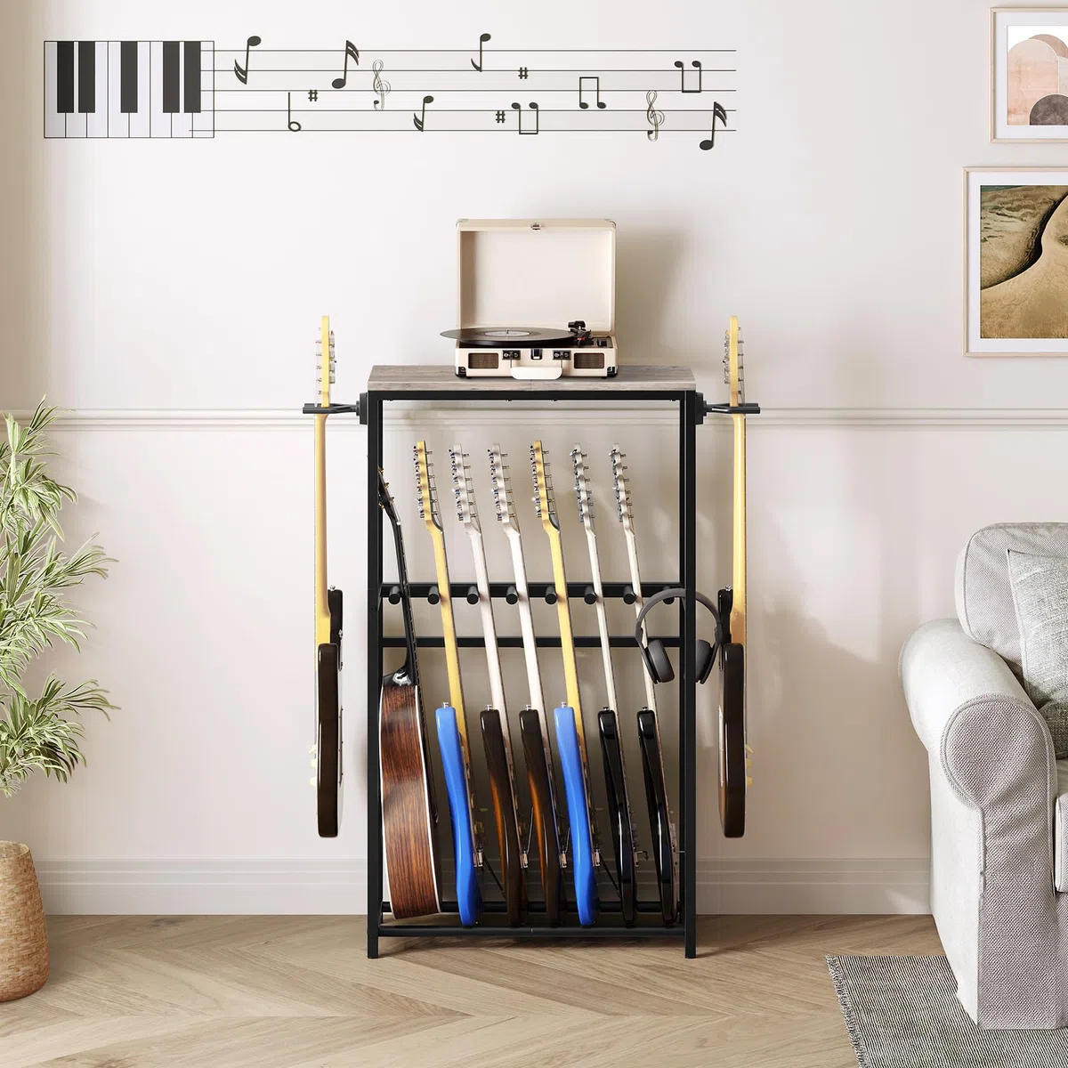 MAHANCRIS Soporte de Guitarra, Estantería para 7 Guitarras de Dos Niveles, para Guitarra Acústica, Guitarra Eléctrica, Bajo, Ukelele, Banjo, Revestimiento Protector de EVA, Gris AGSHG6701