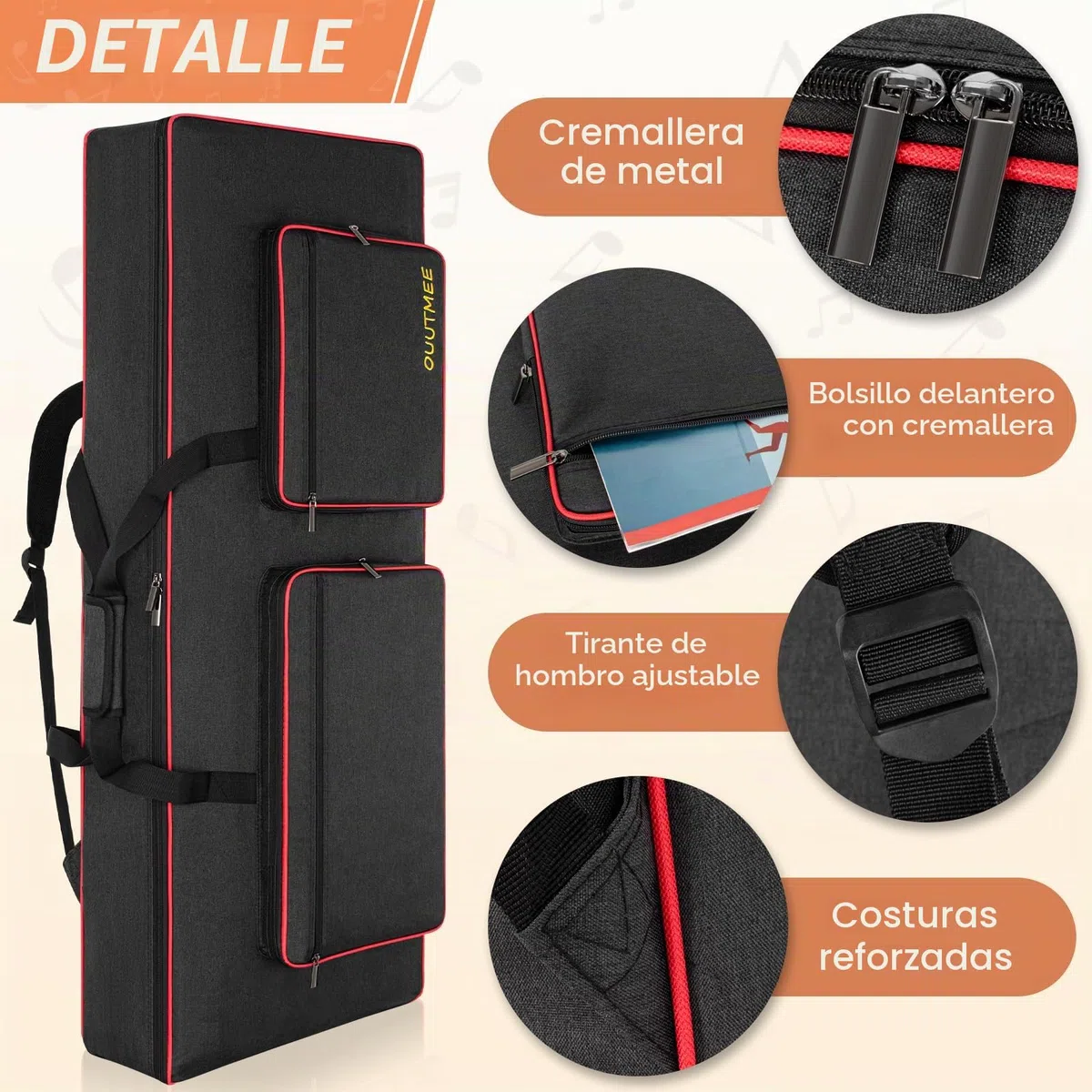OUOUTMEE Funda para teclado electrónico 76 teclas, tela Oxford 600D, negro, impermeable, 10 mm borde, cuatro protectores de esquina