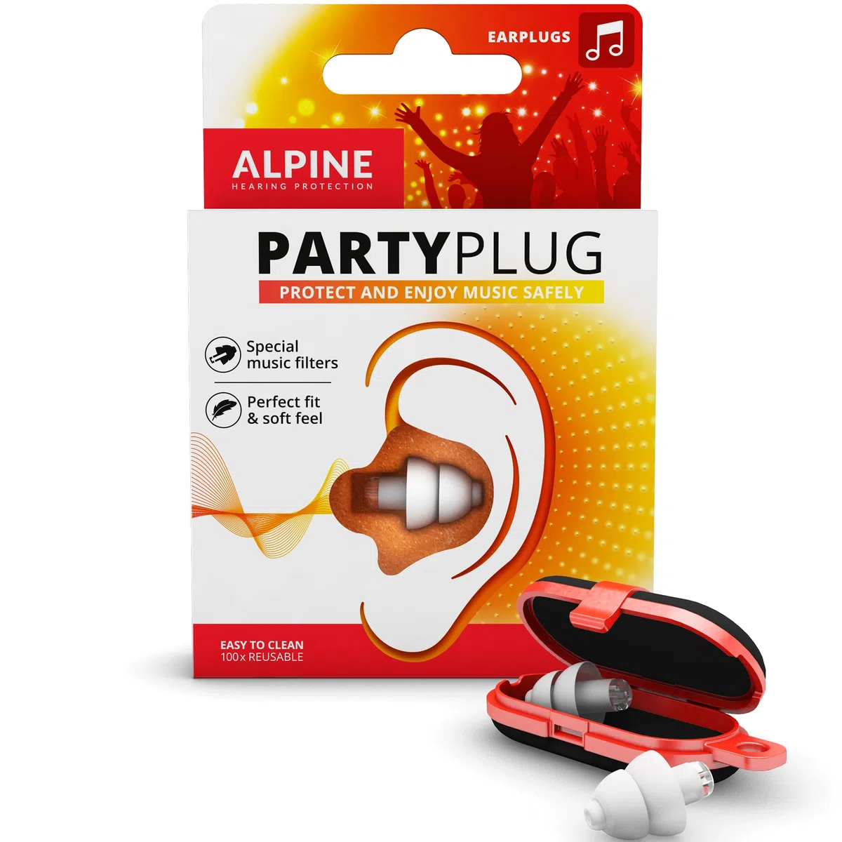 Alpine PartyPlug Tapones para los oídos para Fiestas, festivales de música y conciertos - Cómodo material hipoalergénico + Estuche llavero - Tapones reutilizables - Blanco