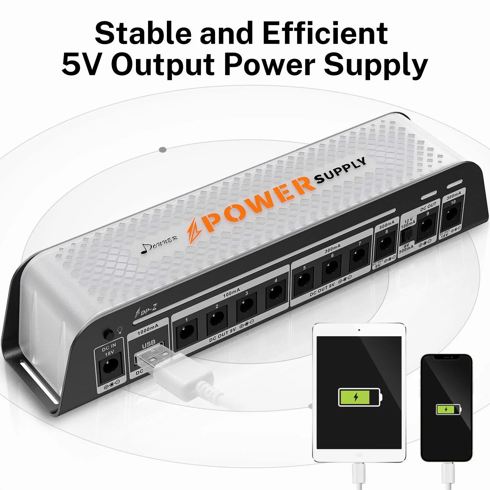 Donner DP-Z Fuente de alimentación para pedales de guitarra de 9V 10 salidas DC aisladas con puerto USB para pedales de efectos de 9V/12V/18V DC 18v 2000m de entrada