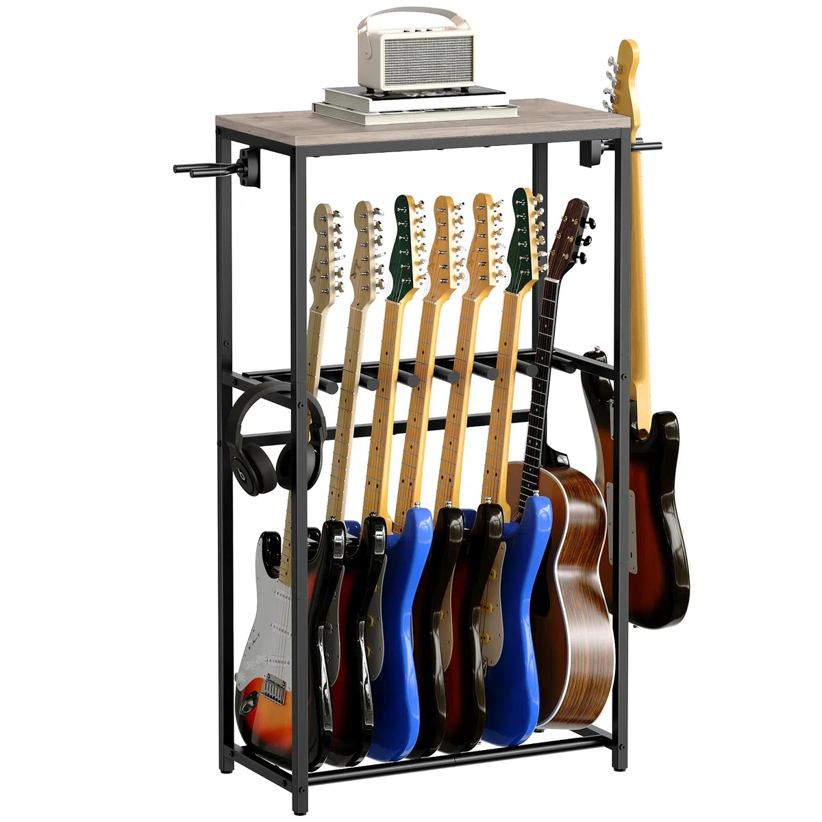 MAHANCRIS Soporte de Guitarra, Estantería para 7 Guitarras de Dos Niveles, para Guitarra Acústica, Guitarra Eléctrica, Bajo, Ukelele, Banjo, Revestimiento Protector de EVA, Gris AGSHG6701
