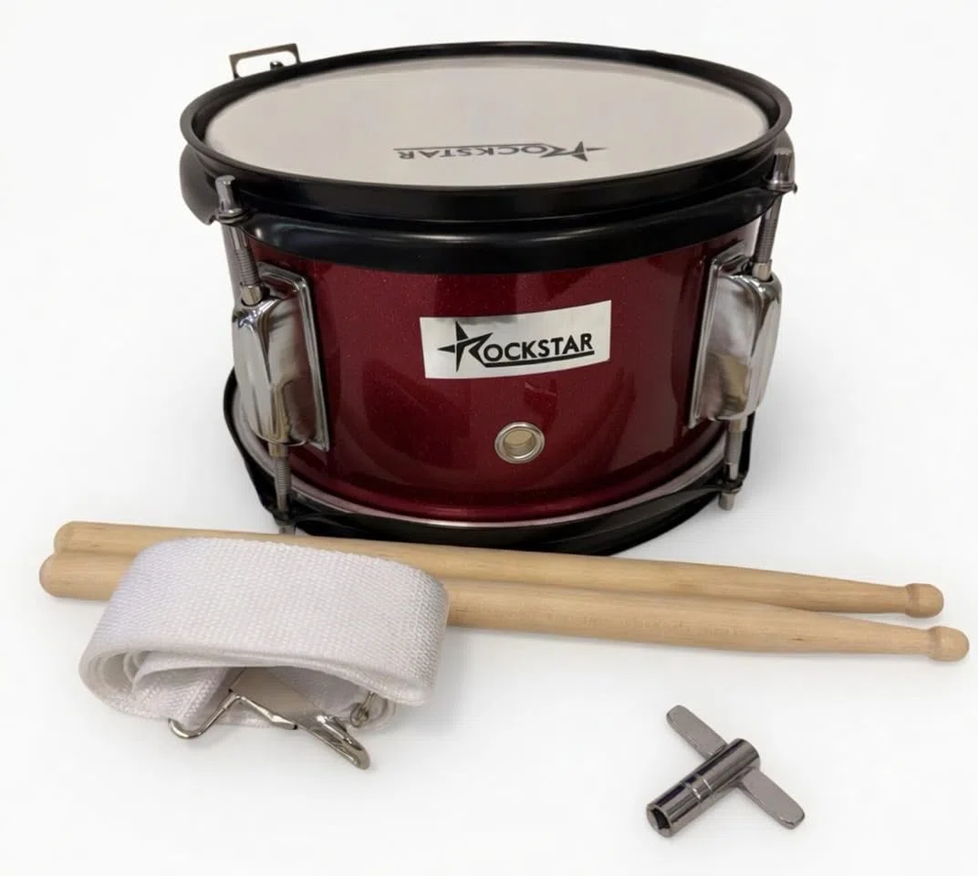ROCKSTAR - Tambor de Madera Afinable SMD-0805WR 8" x 5" (20 x 12,7 cm) Caja de Marcha, Instrumento de Percusión con Bordón Ajustable, Correa y Baquetas Incluidas. Vino metalizado.