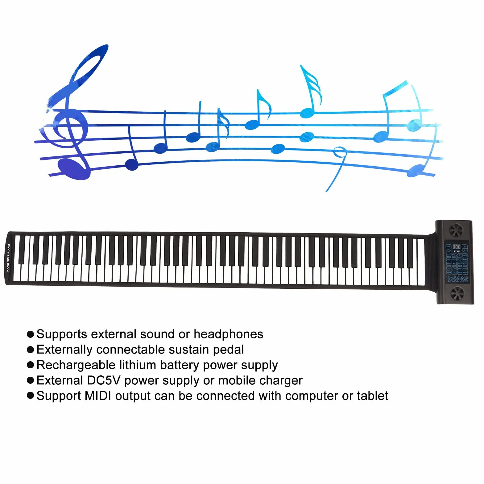 Teclado de Piano Enrollable de 88 Teclas, 28 Tonos, 128 Ritmos, 14 Canciones de Demostración, Función Bluetooth MIDI, Pantalla de Tubo Digital LED, Piano Eléctrico Portátil Plegable para(Negro)