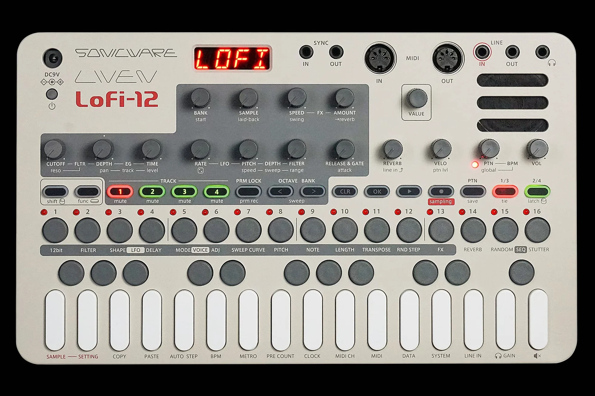 Sonicware LIVEN Lofi-12 [Lo-fi Groovebox & Sampler] Muestreo retro con modo sampler de 12 bits, secuenciador por pasos de 4 pistas, 10 voces, 12 efectos de pista + 9 efectos maestros