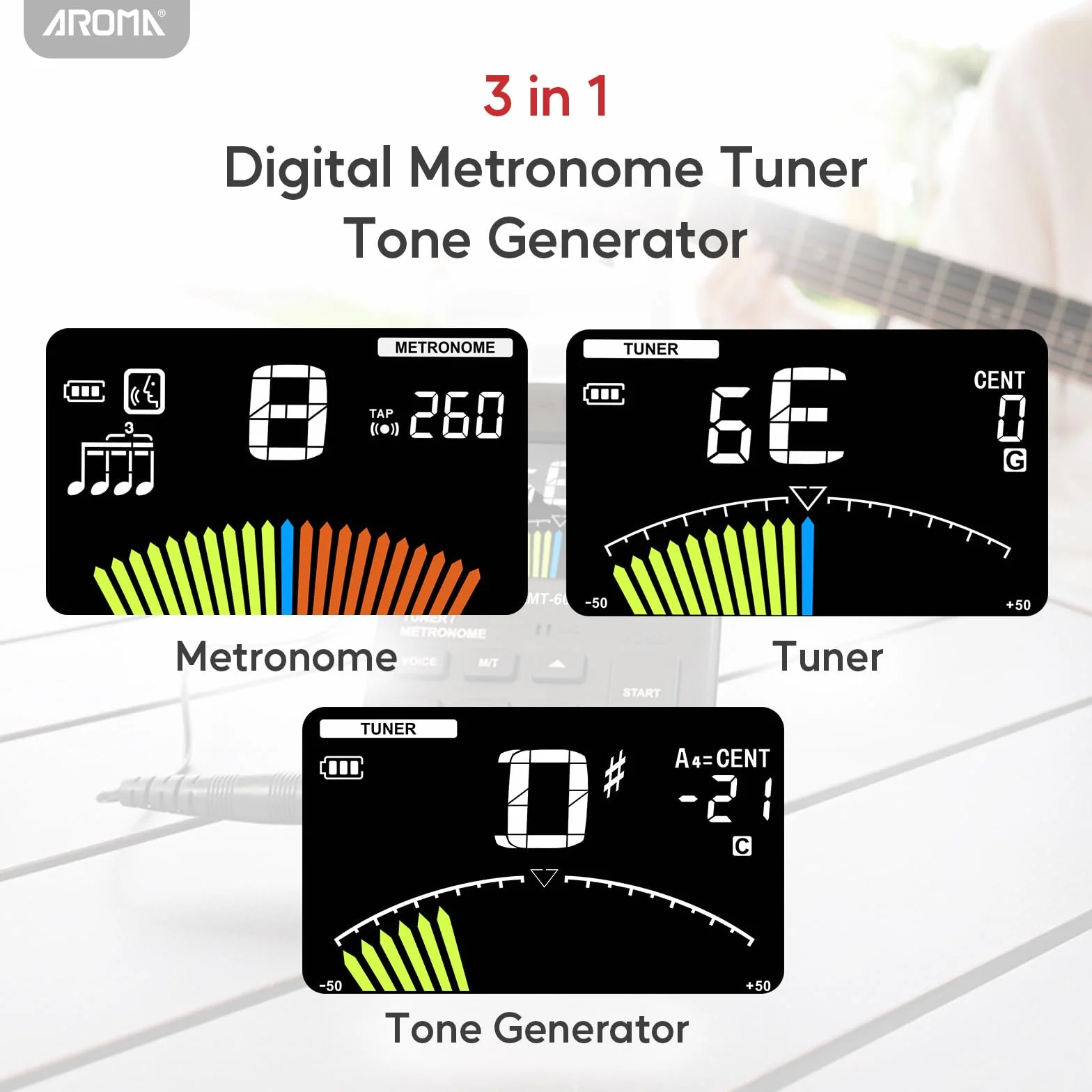 Aroma Metrónomo Digital Afinador Recargable para Todos los Instrumentos con Modos de Afinación para Guitarra, Bajo, Violín, Ukelele, Cromático e Instrumentos de Viento