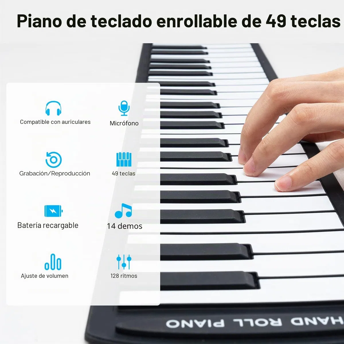 POGOLAB Teclado eléctrico plegable de 49 teclas, portátil, digital, plegable, recargable, 47 tonos, 14 canciones de demostración educativa, regalo para principiantes (blanco y negro)