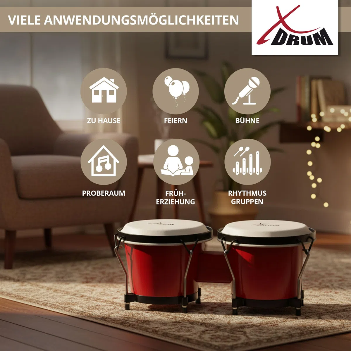 XDrum PERC Bongos Club Rojo Vino - 2 Tambores de 6" y 7" - Bongos con parches naturales afinables y llave de afinación - Tambores de madera rojo vino