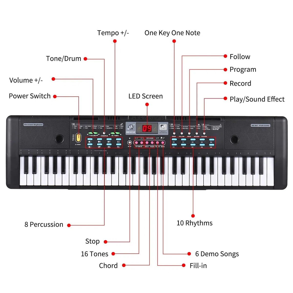 Piano Teclado Piano Eléctrico De 61 Teclas Órgano Electrónico Teclado Electrónico Piano Altavoces Estéreo Duales Incorporados