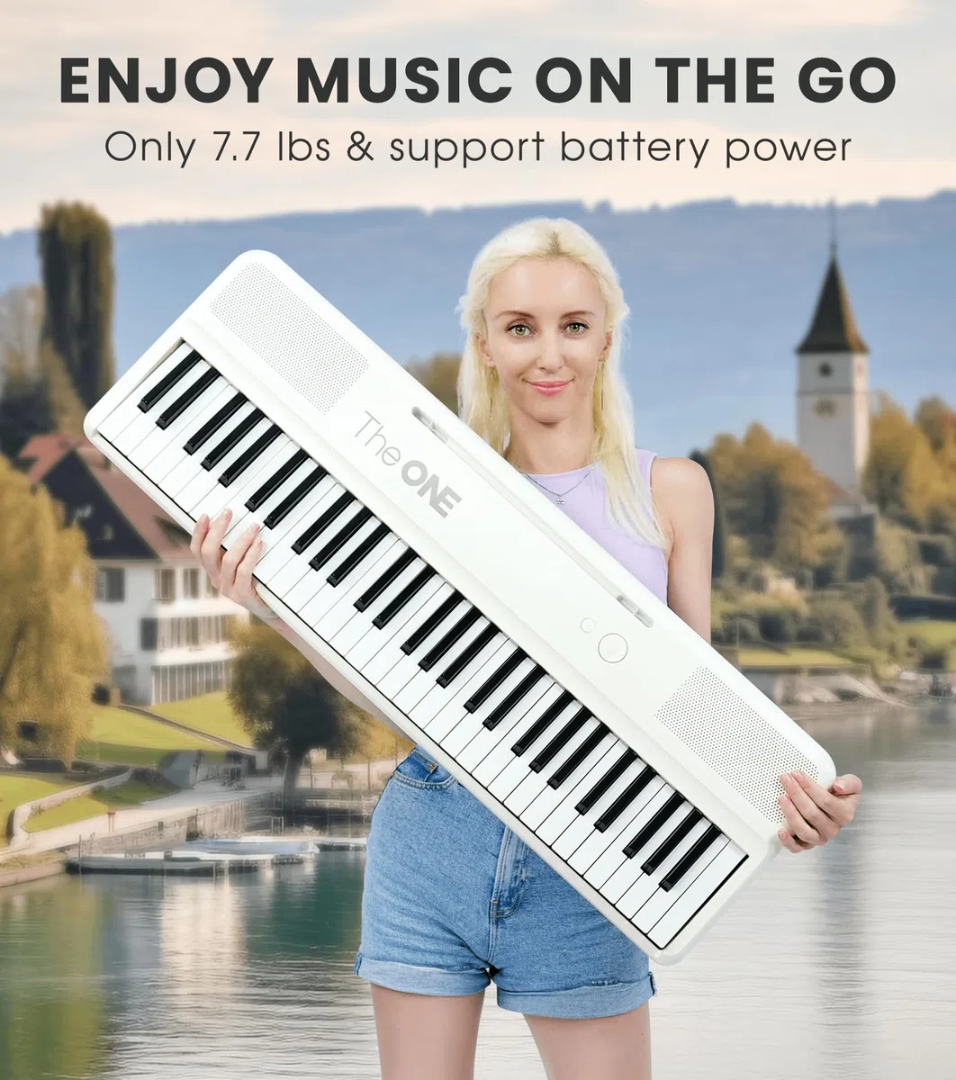 ONE COLOR 61 - Teclado inteligente con teclas iluminadas, piano eléctrico para principiantes con 256 tonos, 64 polifonía, led integradas y aplicaciones, compatible con USB MIDI/auriculares (blanco)