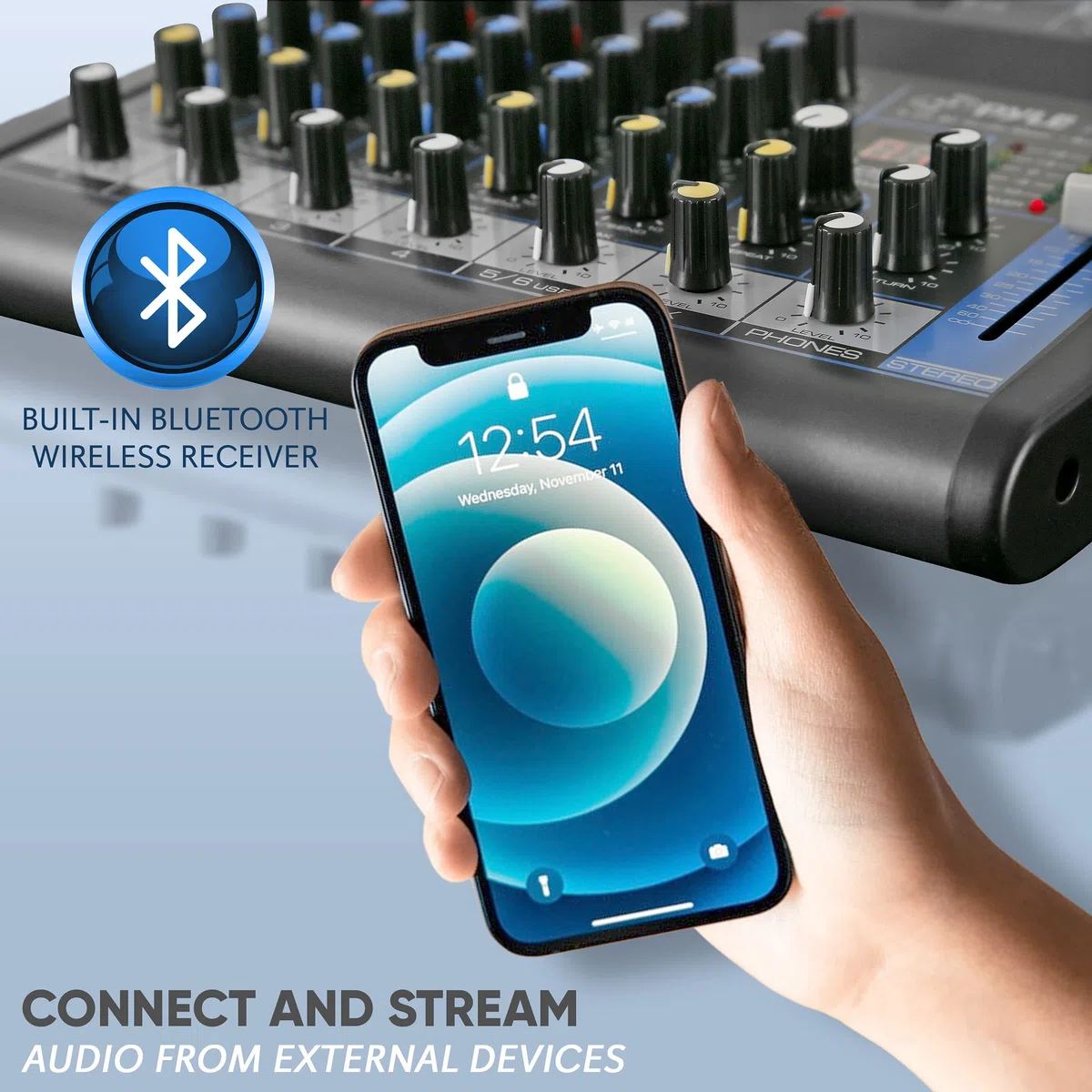 Pyle Consola de placa de sonido mezcladora de audio profesional, interfaz de sistema de escritorio con 6 canales, USB, Bluetooth, entrada de computadora digital MP3, alimentación fantasma de 48 V