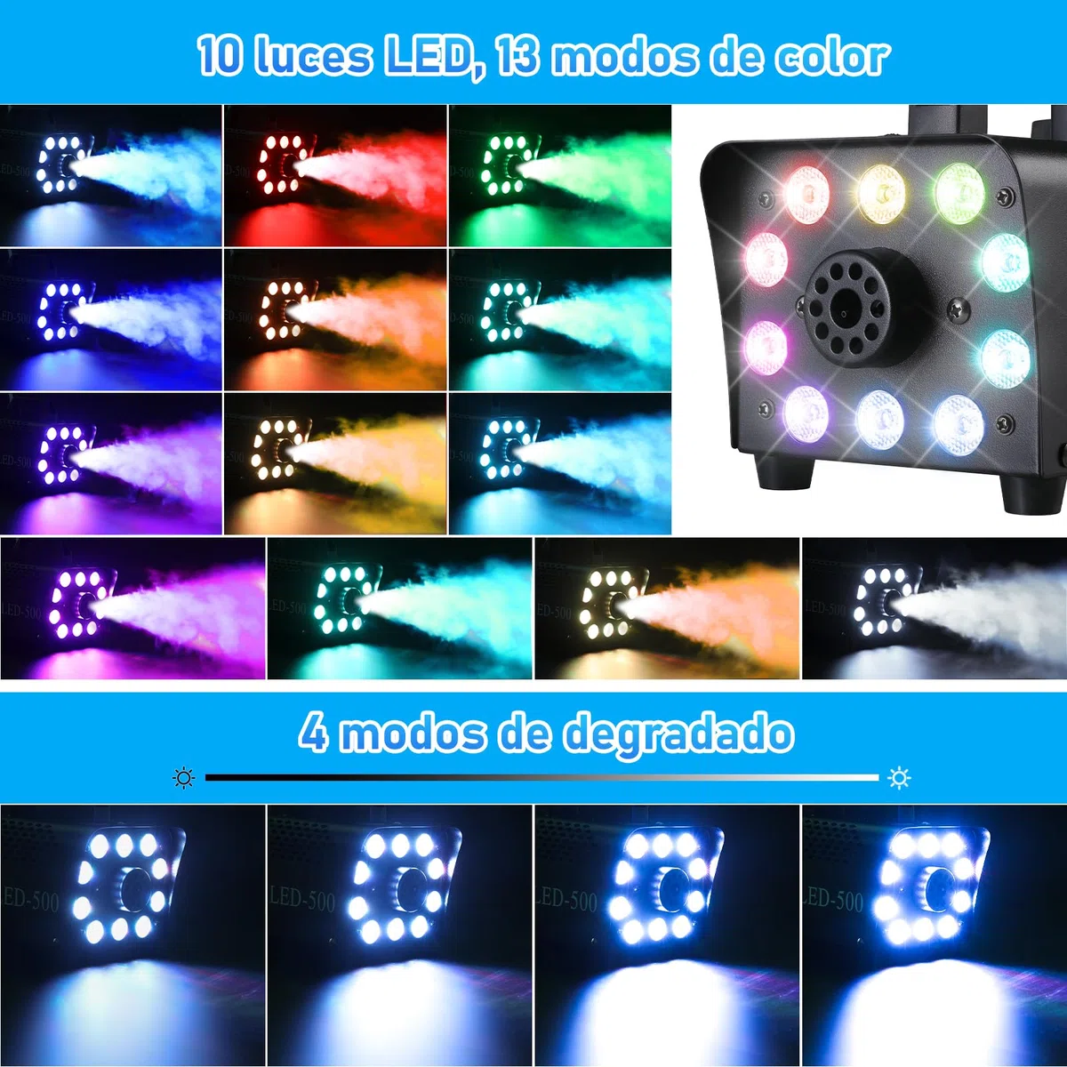 Máquina de Humo, 500W Máquina de Niebla Portátil, Máquina Humo con Remotos Inalámbricos, 10 Luces LED 13 Colores de Efectos RGB, para Halloween, Navidad, Fiesta, Bodas y DJ, etc